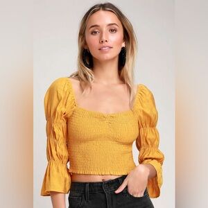 Lulus Savia Mustard Yellow Smocked Puff Sleeve Crop Top S Small